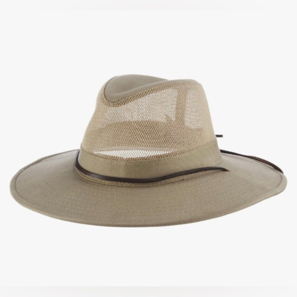 Dorfman Pacific Men's Brushed Twill-and-Mesh Safari Hat Leather Trim MEDIUM